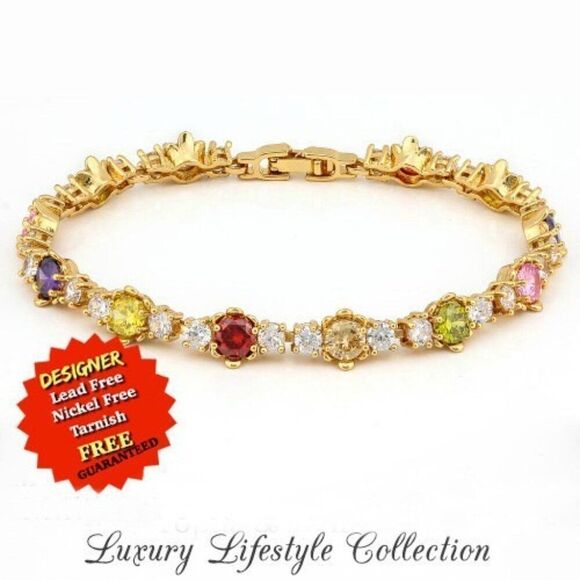 Elite, New, Multi Colored Topaz & White Sapphire, 18k Gold Filled Bracelet - Picture 3 of 7
